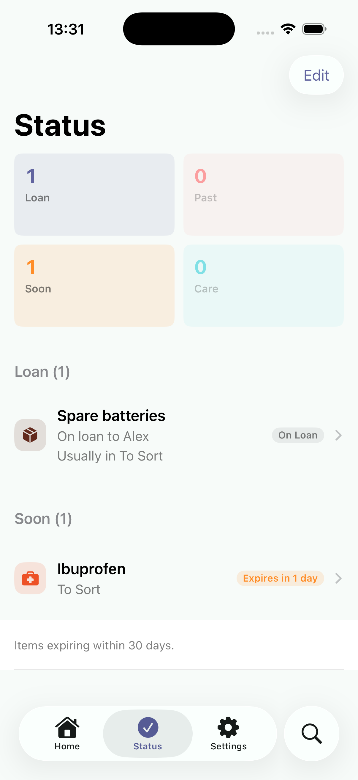 StowFind Status tab showing On Loan and Expiring Soon counts with Spare batteries lent to Alex and Ibuprofen expiring soon
