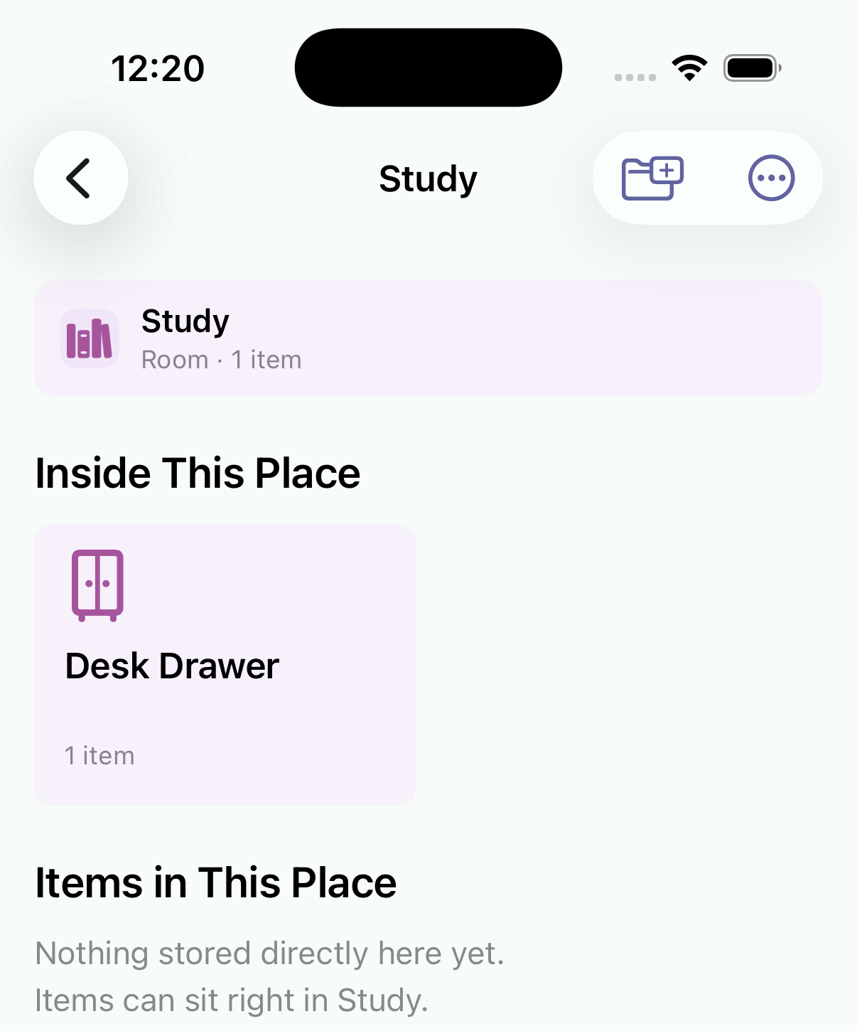 StowFind Study room screen showing the Desk Drawer container inside it